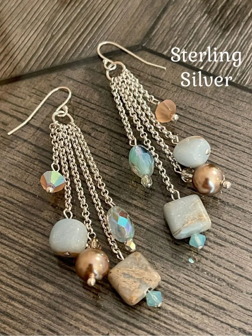 Sterling Silver Long Dangling Chain Earrings with Stones Crystals & Faux Pearls
